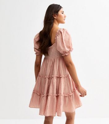 Pink Textured Tiered Mini Smock Dress