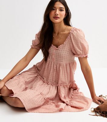Pink Textured Tiered Mini Smock Dress