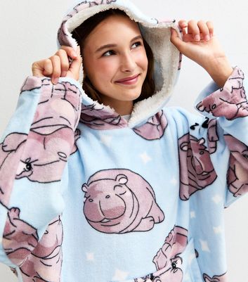Girls Light Blue Hippo Design Oversized Fleece Hoodie