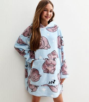 Girls Light Blue Hippo Design Oversized Fleece Hoodie