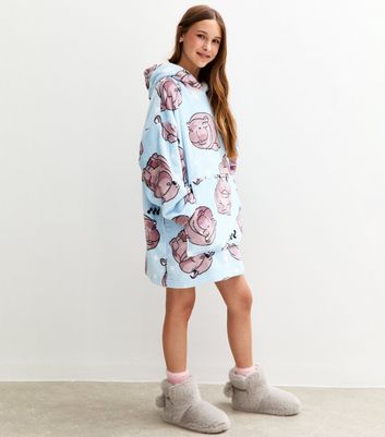 Girls Light Blue Hippo Design Oversized Fleece Hoodie