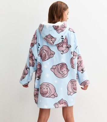 Girls Light Blue Hippo Design Oversized Fleece Hoodie