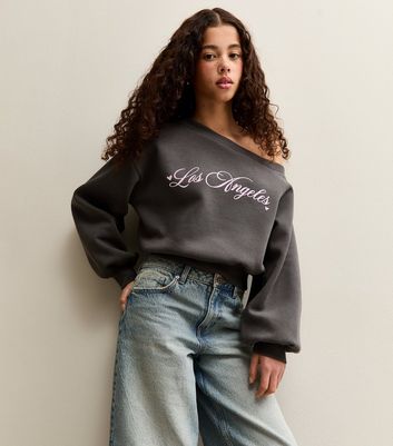 Girls Grey Los Angeles Off Shoulder Sweatshirt