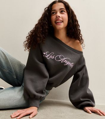 Girls Grey Los Angeles Off Shoulder Sweatshirt 4 Girls Grey Los Angeles Off Shoulder Sweatshirt