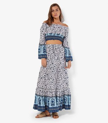 Apricot Blue Floral Print Off The Shoulder Top