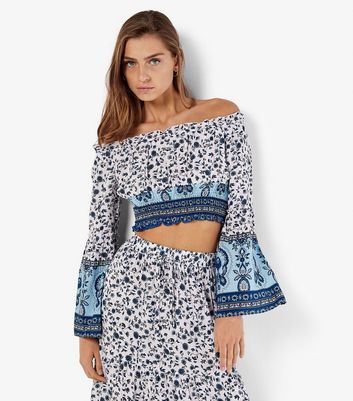 Apricot Blue Floral Print Off The Shoulder Top