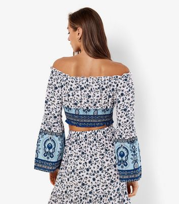 Apricot Blue Floral Print Off The Shoulder Top