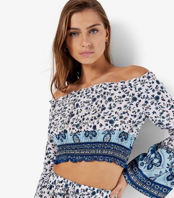 Apricot Blue Floral Print Off The Shoulder Top