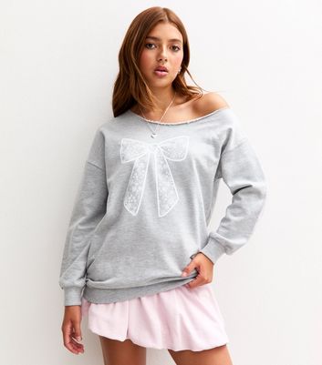 Girls Dark Grey Lace Bow Print Off Shoulder Sweatshirt