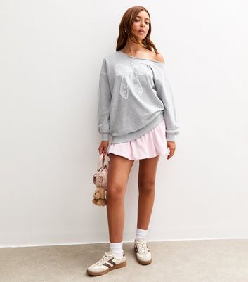 Girls Dark Grey Lace Bow Print Off Shoulder Sweatshirt