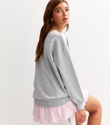 Girls Dark Grey Lace Bow Print Off Shoulder Sweatshirt