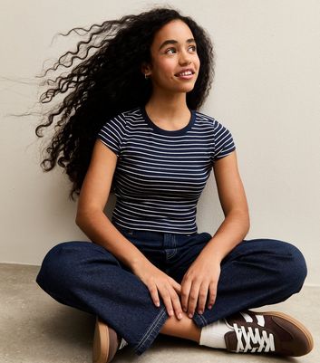 Girls Dark Blue Stripe Cap Sleeve Baby Tee T-Shirt