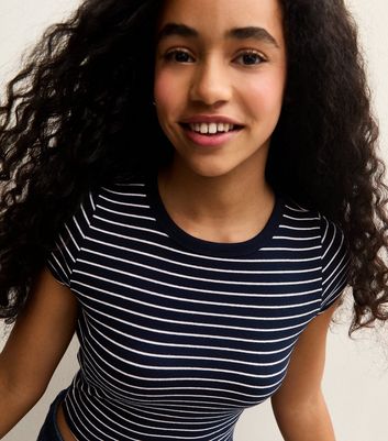 Girls Dark Blue Stripe Cap Sleeve Baby Tee T-Shirt