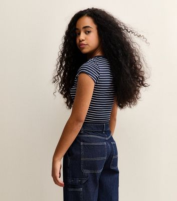 Girls Dark Blue Stripe Cap Sleeve Baby Tee T-Shirt