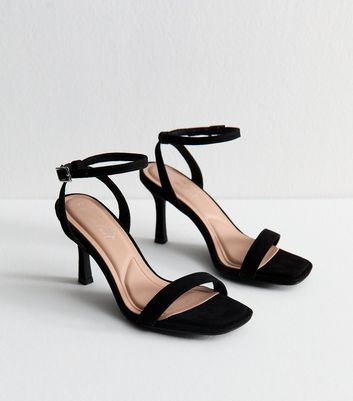 Black Faux Suede Square Toe Stiletto Sandals