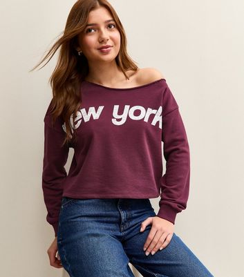 Girls Burgundy Lace Logo Off Shoulder Sweatshirt