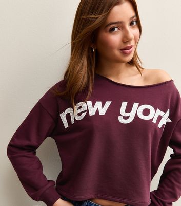 Girls Burgundy Lace Logo Off Shoulder Sweatshirt