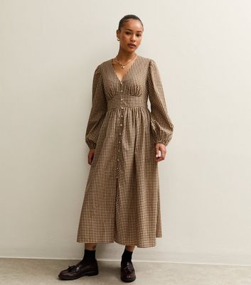 Petite Brown Checked V-neck Puff Sleeve Midi Dress
