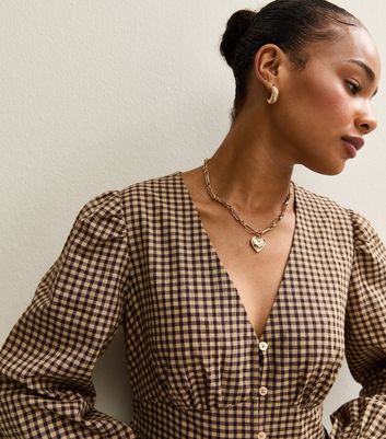Petite Brown Checked V-neck Puff Sleeve Midi Dress