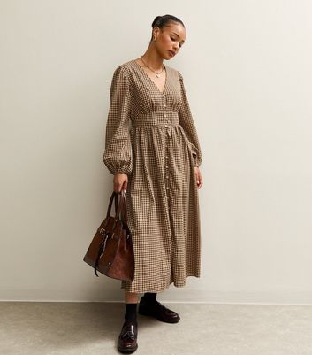 Petite Brown Checked V-neck Puff Sleeve Midi Dress