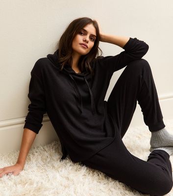 Black Brushed Rib Tapered Trousers