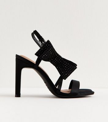 Black Embellished Bow Heeled Sandals