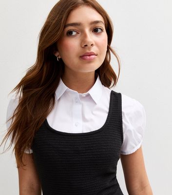 Girls Black Textured Jersey School Pinafore Dress
