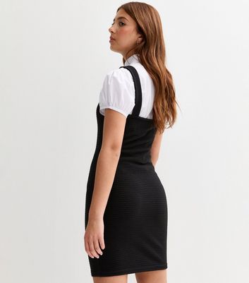 Girls Black Textured Jersey School Pinafore Dress 4 Girls Black Textured Jersey School Pinafore Dress