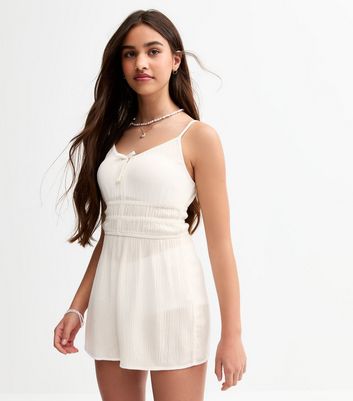 Girls White Textured Ruched Waist Playsuit