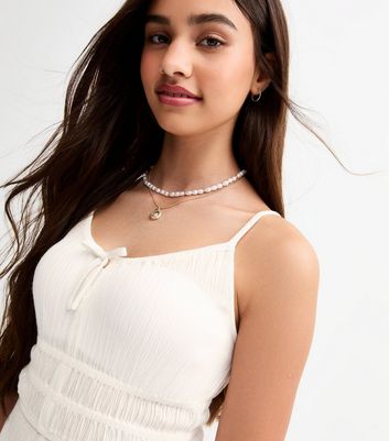 Girls White Textured Ruched Waist Playsuit