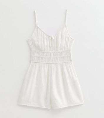 Girls White Textured Ruched Waist Playsuit 5 Girls White Textured Ruched Waist Playsuit
