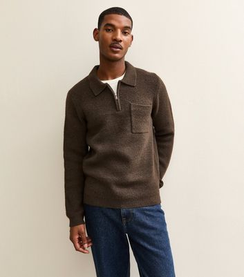 Dark Brown Regular Fit Long Sleeve Brushed Quarter Zip Polo Knit Jumper