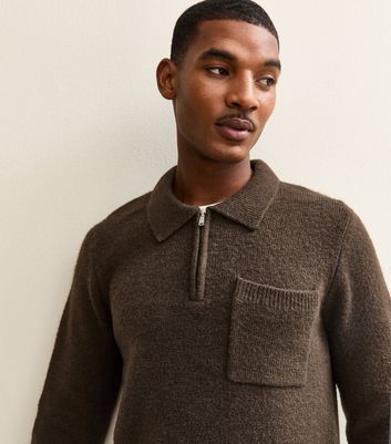 Dark Brown Regular Fit Long Sleeve Brushed Quarter Zip Polo Knit Jumper