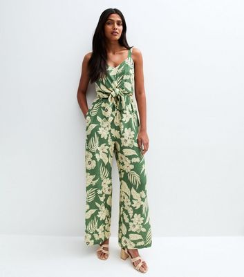 Blue Vanilla Olive Green Tropical Print Jumpsuit