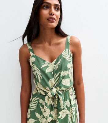 Blue Vanilla Olive Green Tropical Print Jumpsuit