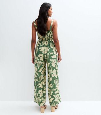 Blue Vanilla Olive Green Tropical Print Jumpsuit 4 Blue Vanilla Olive Green Tropical Print Jumpsuit