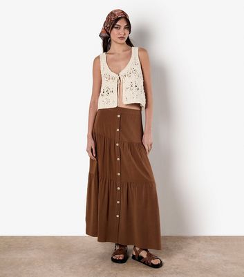 Apricot Brown Tiered Button Up Maxi Skirt