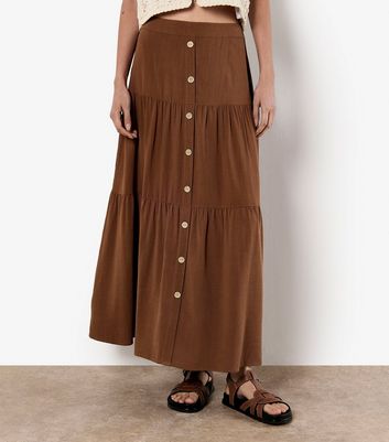 Apricot Brown Tiered Button Up Maxi Skirt