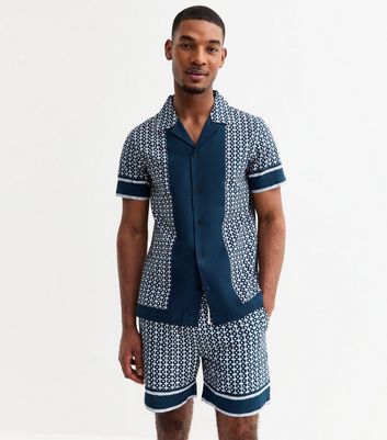 Blue Regular Cotton Tile Print Revere Collared Shirt