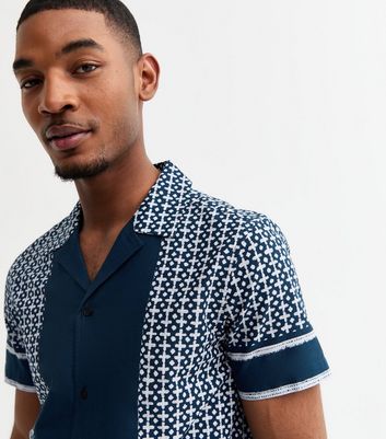 Blue Regular Cotton Tile Print Revere Collared Shirt