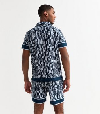 Blue Regular Cotton Tile Print Revere Collared Shirt 4 Blue Regular Cotton Tile Print Revere Collared Shirt