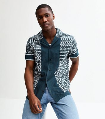 Blue Regular Cotton Tile Print Revere Collared Shirt 5 Blue Regular Cotton Tile Print Revere Collared Shirt