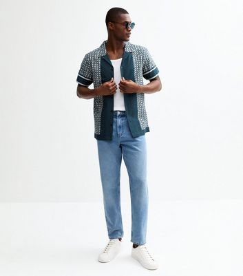 Blue Regular Cotton Tile Print Revere Collared Shirt 6 Blue Regular Cotton Tile Print Revere Collared Shirt