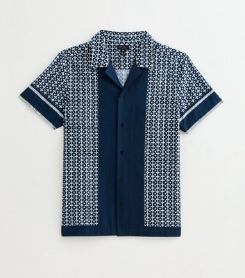 Blue Regular Cotton Tile Print Revere Collared Shirt 7 Blue Regular Cotton Tile Print Revere Collared Shirt