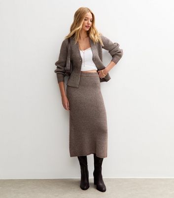 Mink Ribbed Knit Midi Skirt