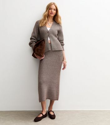 Mink Ribbed Knit Midi Skirt