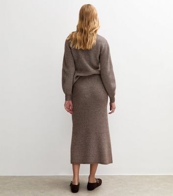 Mink Ribbed Knit Midi Skirt