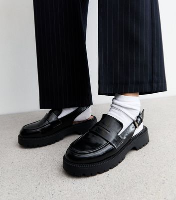 Black Faux Leather Chunky Slingback Loafers