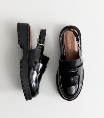 Black Faux Leather Chunky Slingback Loafers 4 Black Faux Leather Chunky Slingback Loafers