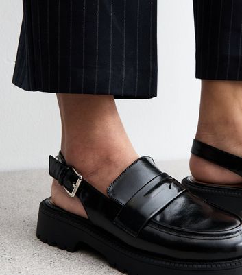 Black Faux Leather Chunky Slingback Loafers 6 Black Faux Leather Chunky Slingback Loafers